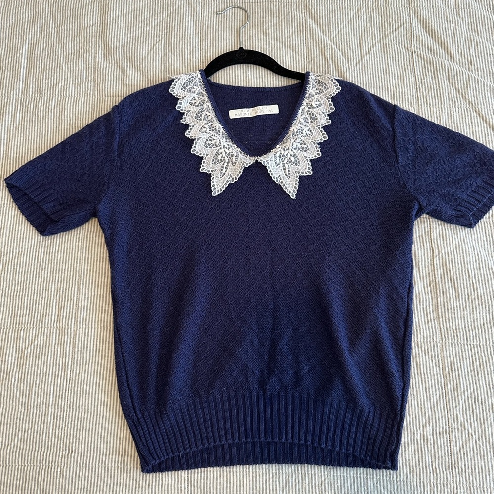Vintage Short Sleeve Sweater with Lace Collar - Navy Blue